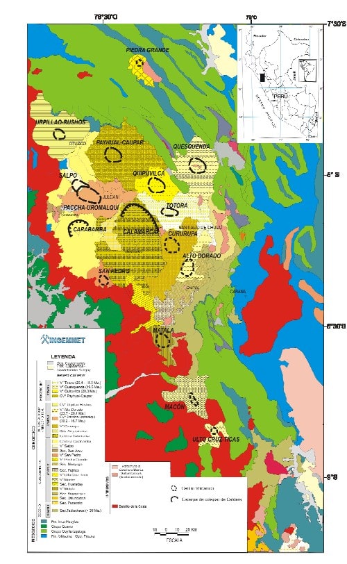 Mapa geológico de las principales franjas metalogenéticas del Grupo Calipuy.