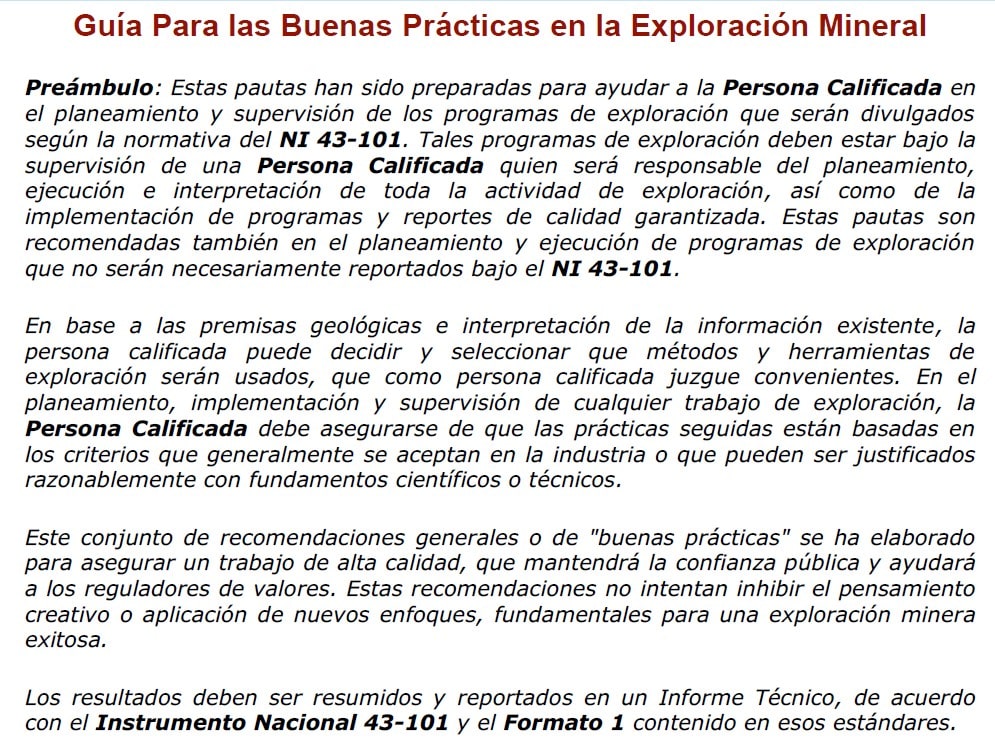 Exploración minera en campo, siguiendo buenas prácticas según el NI 43-101.