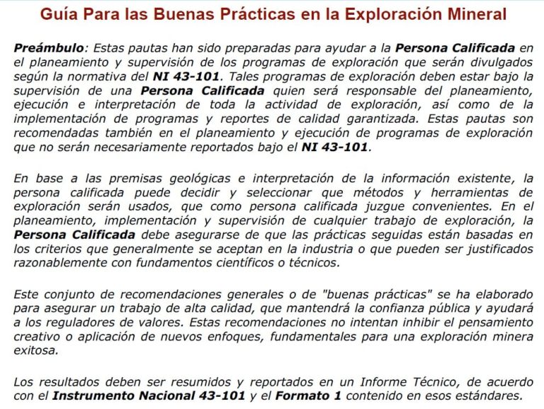 Exploración minera en campo, siguiendo buenas prácticas según el NI 43-101.