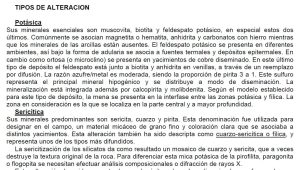 Mapa que ilustra los diferentes tipos de alteración hidrotermal en un depósito de cobre porfídico.