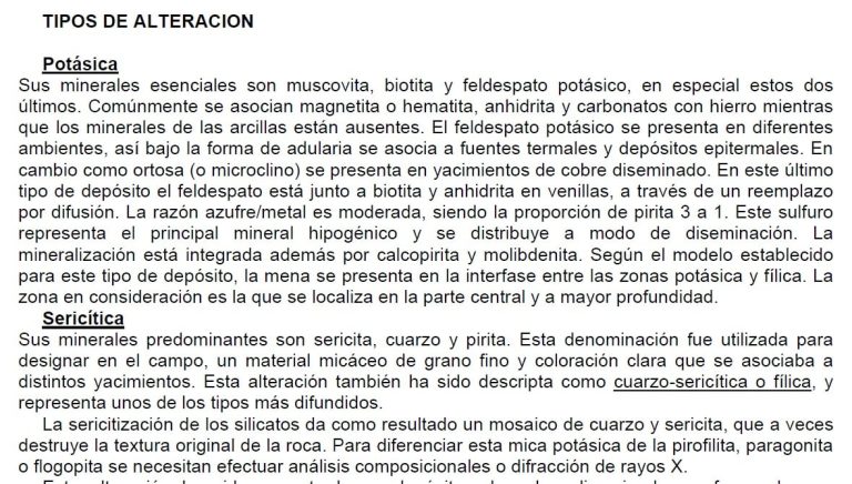 Mapa que ilustra los diferentes tipos de alteración hidrotermal en un depósito de cobre porfídico.