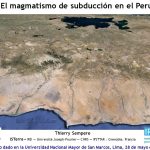 Esquema de la subducción y magmatismo en los Andes del sur del Perú, mostrando la deshidratación de la placa subductada, fusión del manto y formación de magmas tonalíticos.