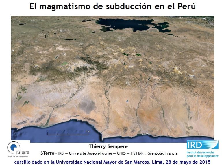 Esquema de la subducción y magmatismo en los Andes del sur del Perú, mostrando la deshidratación de la placa subductada, fusión del manto y formación de magmas tonalíticos.