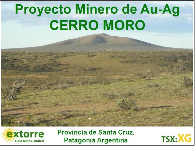 Mapa del proyecto minero Cerro Moro en Santa Cruz, Argentina, mostrando la ubicación de las vetas principales, incluyendo Escondida, Gabriela, Esperanza y otras.