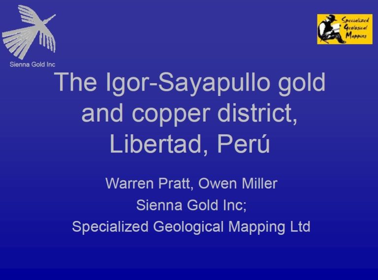 Mapa geológico del distrito Igor-Sayapullo que muestra la ubicación de los principales proyectos de oro, las características geológicas y los resultados de la exploración.