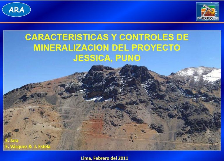 "Mapa geológico del Proyecto Jessica, ubicado en el departamento de Puno, Perú, mostrando las principales unidades litológicas, estructuras geológicas y la ubicación del depósito mineral."