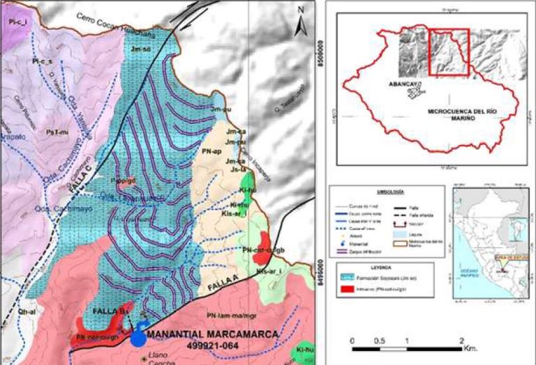 Mapa de la cuenca del Río Tambo, Perú, que muestra la ubicación de las fuentes termales y las zonas con potencial geotérmico.