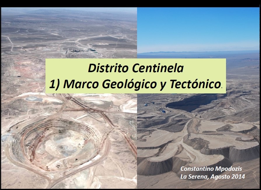 Mapa geológico del Distrito Centinela mostrando la distribución de los principales yacimientos de pórfidos de cobre y las estructuras geológicas asociadas.