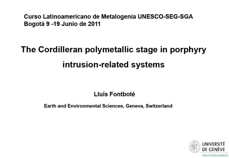 Esquema de un depósito de metales base Cordillerano mostrando la zonación de minerales y alteración.