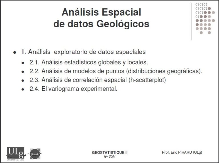 Gráfico que muestra un variograma experimental, representando la variabilidad espacial de una variable geológica en función de la distancia.