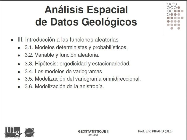 Modelización del variograma experimental para cuantificar la autocorrelación espacial en datos geológicos.