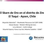 Mapa geológico del distrito El Toqui que muestra la distribución de las unidades litológicas, las estructuras principales y la ubicación de los depósitos de skarn de oro.