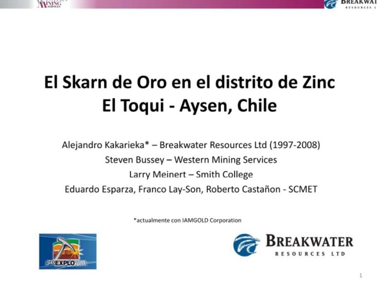 Mapa geológico del distrito El Toqui que muestra la distribución de las unidades litológicas, las estructuras principales y la ubicación de los depósitos de skarn de oro.