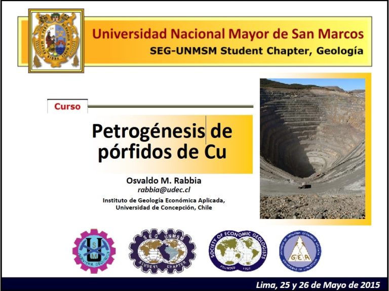 Portada del curso 'Petrogénesis de Pórfidos de Cu' impartido por el Dr. Osvaldo M. Rabbia en la Universidad Nacional Mayor de San Marcos, Lima, Perú, en mayo de 2015.