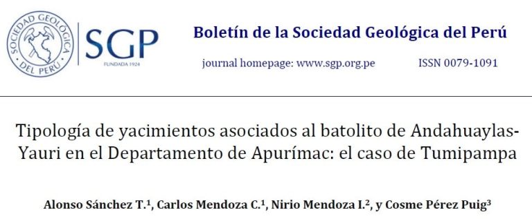 Mapa geológico del proyecto Tumipampa, mostrando la distribución de los yacimientos de skarn, vetas y mantos asociados al Batolito de Andahuaylas-Yauri en el Departamento de Apurímac, Perú. Destaca la ubicación del Manto Dorado y las zonas de mineralización de Au-Cu.