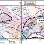 Mapa geológico del distrito minero de Orcopampa y el depósito epitermal de oro de Poracota, mostrando las principales vetas y estructuras geológicas.