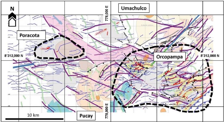 Mapa geológico del distrito minero de Orcopampa y el depósito epitermal de oro de Poracota, mostrando las principales vetas y estructuras geológicas.