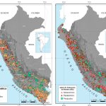 Mapa de la distribución temporal de los arcos magmáticos en Perú, mostrando las edades radiométricas y los periodos tectónicos compresivos y distensivos.