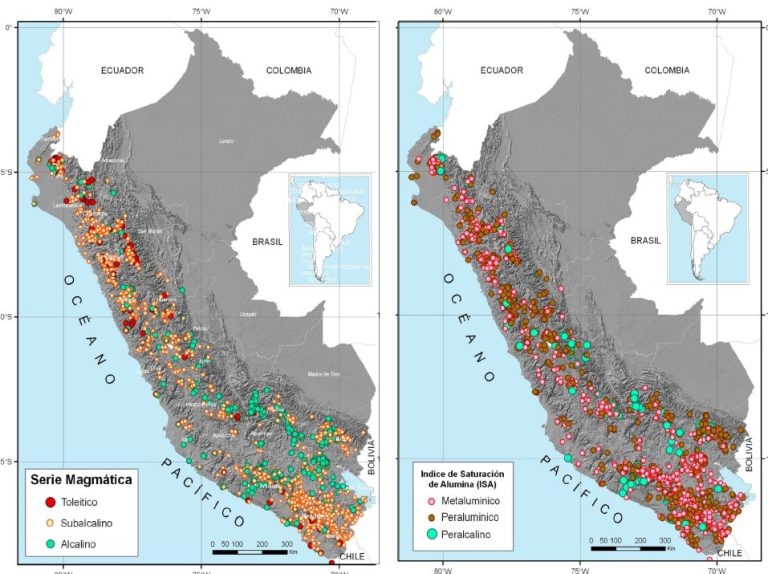 Mapa de la distribución temporal de los arcos magmáticos en Perú, mostrando las edades radiométricas y los periodos tectónicos compresivos y distensivos.