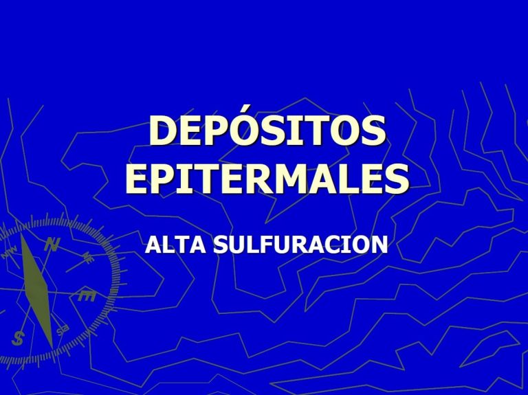 Imagen que muestra un sistema hidrotermal volcánico con depósitos epitermales de alta sulfuración. Se observan vetas y brechas de mineralización de oro y plata en un entorno volcánico activo.