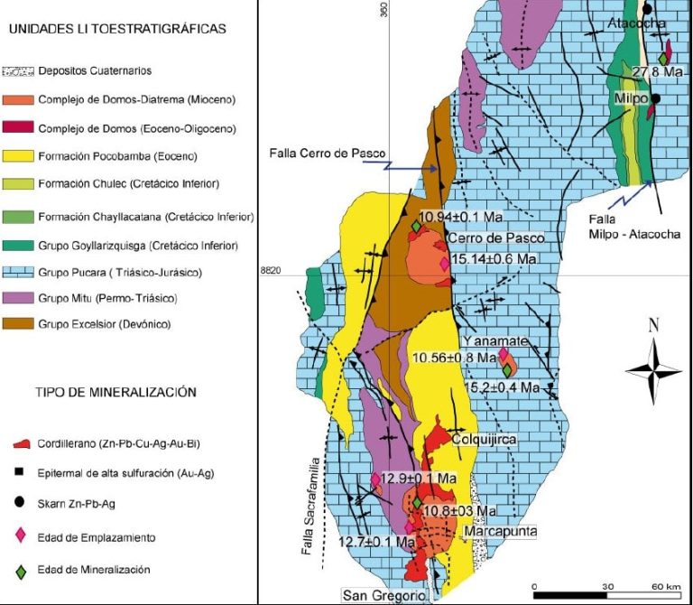 Mapa Metalogenético del Perú 2008, mostrando las 25 franjas metalogenéticas.