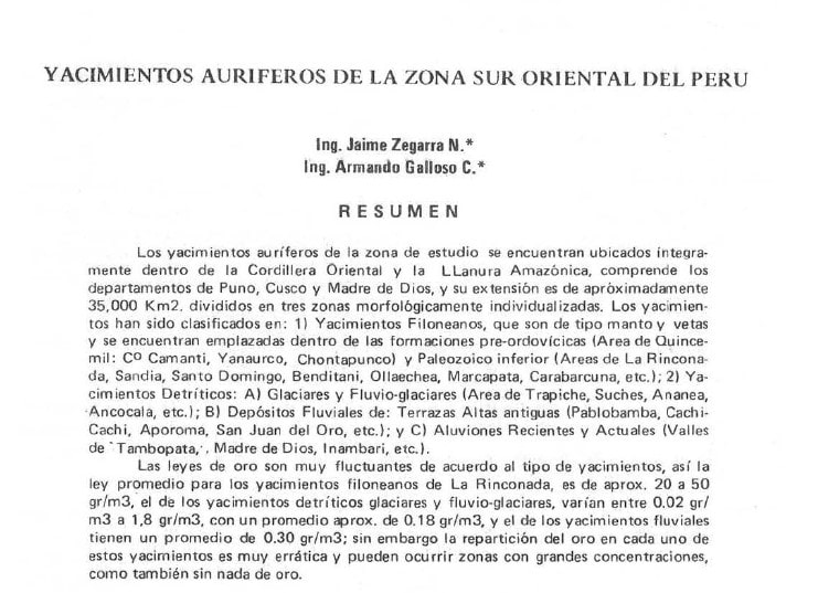 apa de los yacimientos auríferos en la zona sur oriental del Perú.