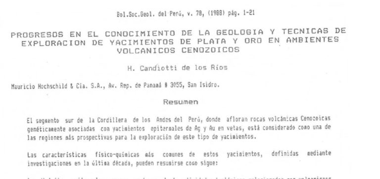 Mapa geológico de la Cordillera de los Andes en el Perú, mostrando la distribución de rocas volcánicas Cenozoicas y la ubicación de yacimientos epitermales de plata y oro.