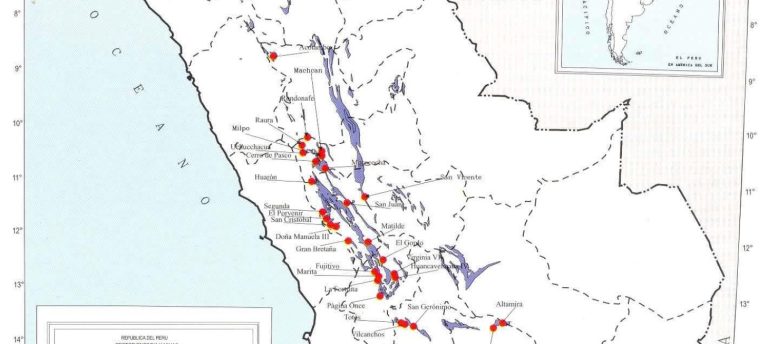 Mapa Geológico del Perú con zonas de interés minero y provincias metalogénicas.