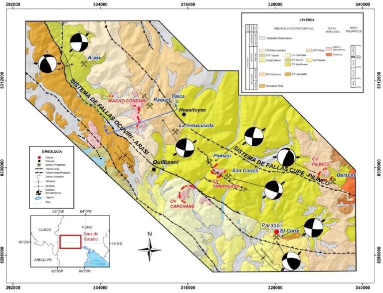 Mapa geológico del Corredor Paratía-Ocuviri con la ubicación de las estaciones de microtectónica y una sección estructural.