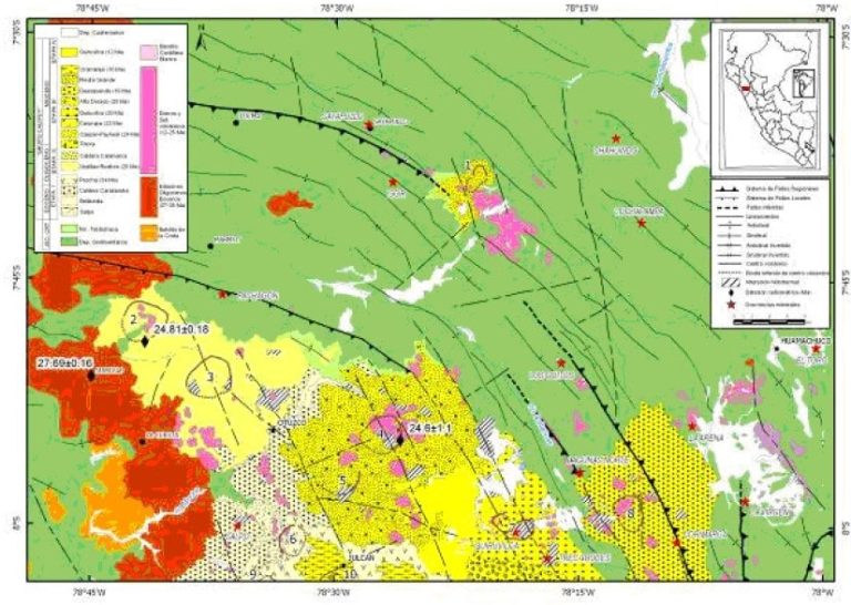 Mapa geológico del centro del Perú mostrando la distribución de las unidades del Jurásico Medio a Superior.