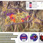 Mapa geológico del depósito Zafranal, mostrando las principales estructuras y unidades intrusivas que controlan la mineralización de cobre y oro.