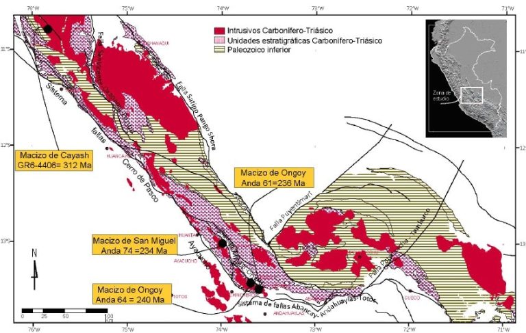 Mapa geológico de la Cordillera Oriental del Perú Central, mostrando la ubicación de los macizos de Cayash, Ongoy y San Miguel.