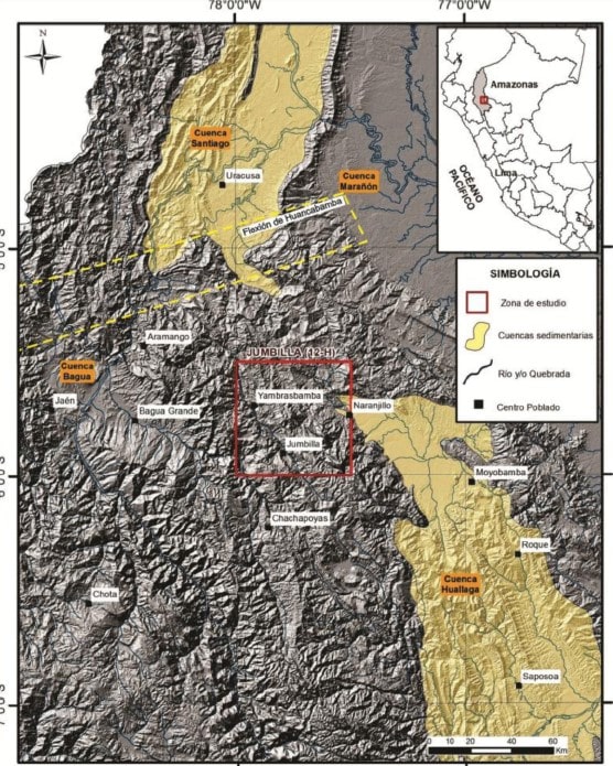 Mapa de ubicación de la zona de estudio en el nororiente peruano, mostrando la ubicación de las cuencas Santiago y Huallaga.