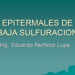 Distribución esquemática de la alteración hidrotermal en depósitos epitermales de baja y alta sulfuración, destacando la zonación de minerales y la mineralización en paleoconductos.