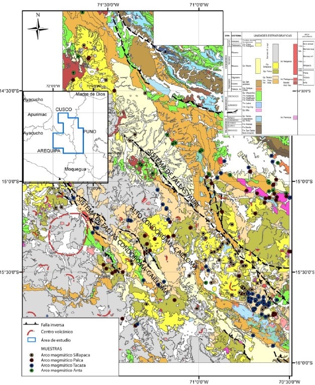 Mapa geológico del sur del Perú mostrando la distribución de los arcos magmáticos cenozoicos y los sistemas de fallas regionales.