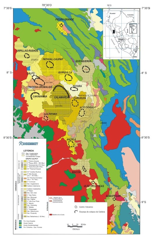 Mapas y secciones longitudinales de los yacimientos asociados al Grupo Calipuy en La Libertad y Ancash, mostrando la ubicación y características geológicas de los depósitos.