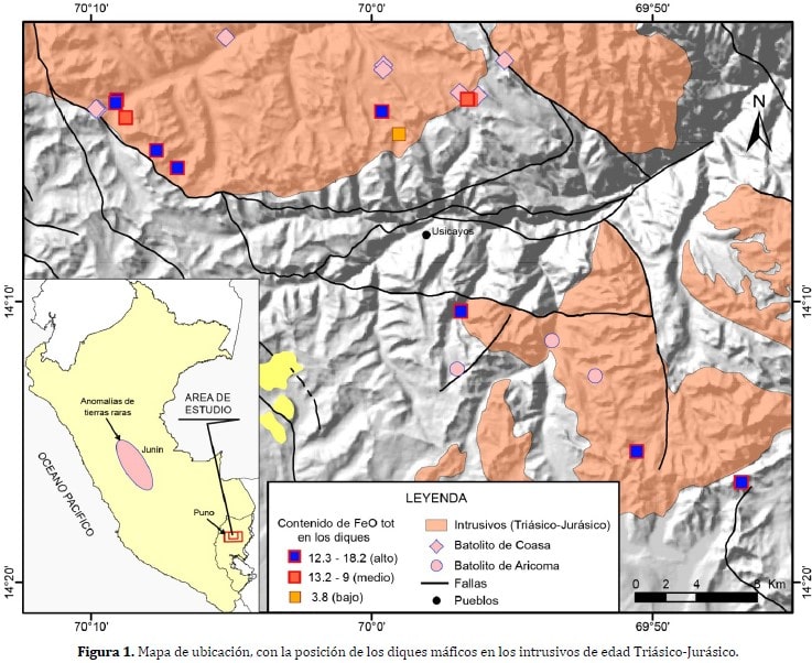 Dique andesítico cortando un granito-granodiorita en el sur del Perú.