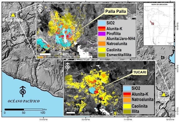 Mapas de alteración hidrotermal en el prospecto Palla Palla y la mina Tucari.