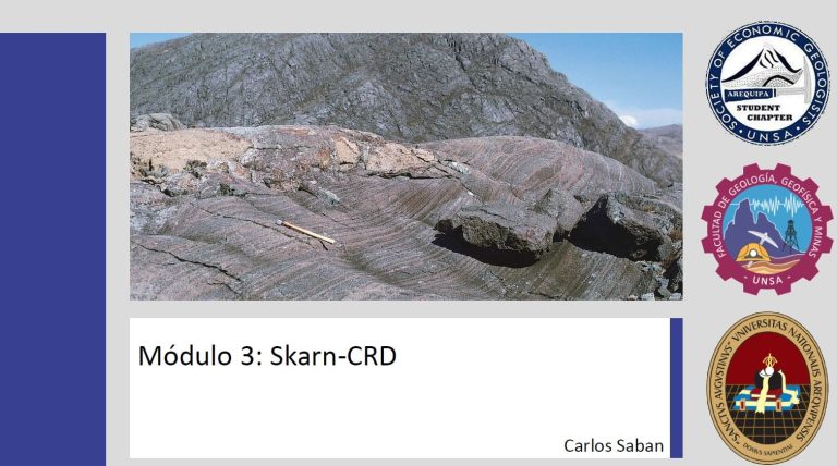 Imagen que muestra la transición de un sistema pórfido-skarn a un depósito de reemplazo de carbonatos (CRD). Se observan las fases de formación, desde la intrusión magmática hasta la mineralización de cobre, zinc y oro en las calizas.