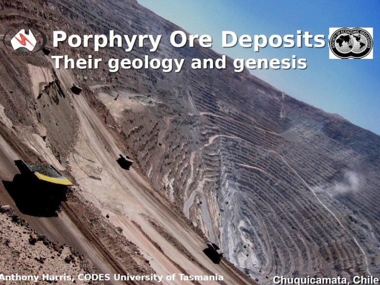 Portada del documento 'Porphyry Ore Deposits: Their Geology and Genesis' de Anthony Harris, University of Tasmania, mostrando una mina de cobre en Chuquicamata, Chile.