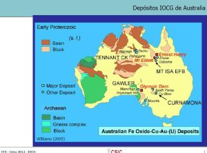 Mapa geológico que muestra la distribución de los depósitos IOCG en Australia, destacando los depósitos en el distrito de Cloncurry y Olympic Dam.