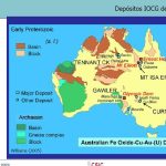 Mapa geológico que muestra la distribución de los depósitos IOCG en Australia, destacando los depósitos en el distrito de Cloncurry y Olympic Dam.