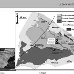 Imagen de un mapa geológico que muestra la distribución de depósitos IOCG en una región específica, con detalles de intrusiones de albitita y zonas de alteración hidrotermal.