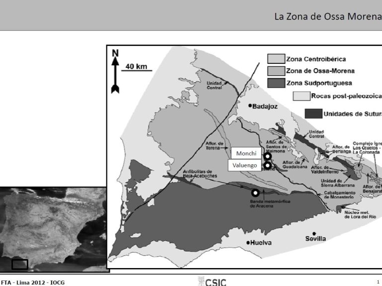 Imagen de un mapa geológico que muestra la distribución de depósitos IOCG en una región específica, con detalles de intrusiones de albitita y zonas de alteración hidrotermal.