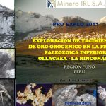 Mapa geológico de la región de Puno, Perú, destacando las principales estructuras y yacimientos de oro orogénico en la franja Ollachea-La Rinconada. Se observan las zonas de mineralización, fallas y pliegues tectónicos que controlan la distribución del oro.