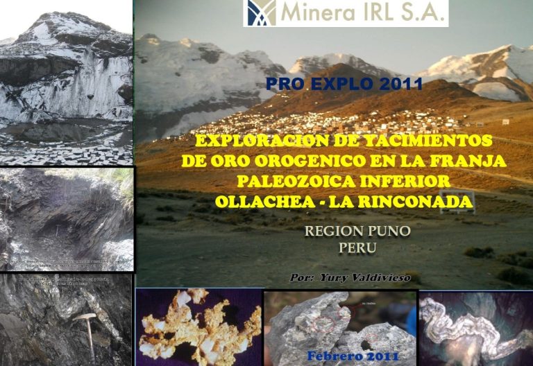 Mapa geológico de la región de Puno, Perú, destacando las principales estructuras y yacimientos de oro orogénico en la franja Ollachea-La Rinconada. Se observan las zonas de mineralización, fallas y pliegues tectónicos que controlan la distribución del oro.