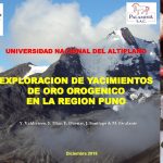 Mapa geológico de la región de Puno, Perú, destacando las principales estructuras y yacimientos de oro orogénico. Se observan las zonas de mineralización, fallas y pliegues tectónicos que controlan la distribución del oro.