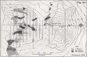 Sección geológica del yacimiento Escondida mostrando la ubicación del horizonte de calcosina supérgena.