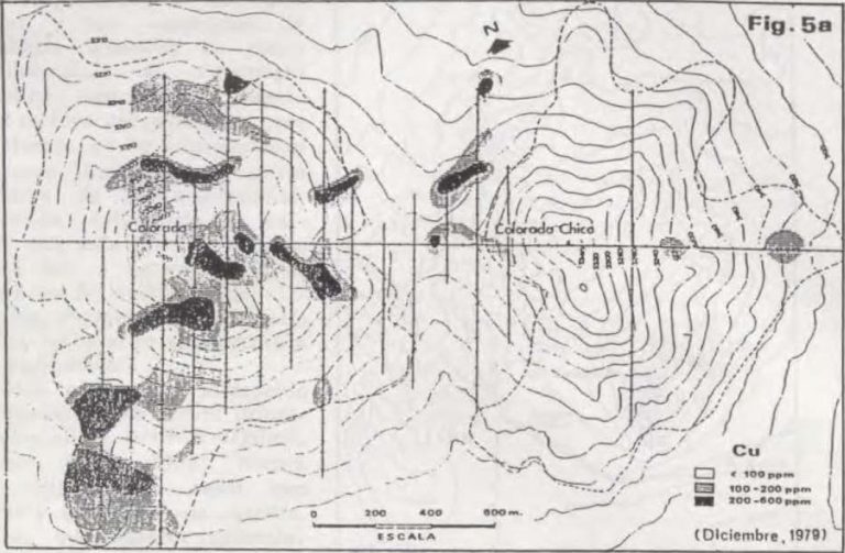 Sección geológica del yacimiento Escondida mostrando la ubicación del horizonte de calcosina supérgena.