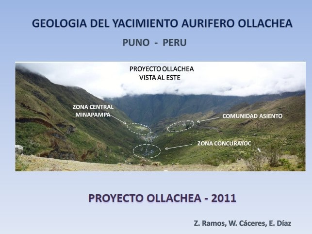 Mapa que muestra la ubicación del Proyecto Ollachea en el sur del Perú, resaltando las zonas mineralizadas y las líneas de sección de los sondajes.